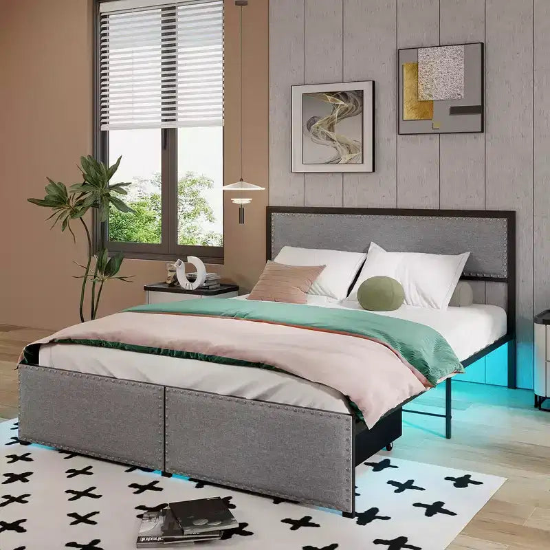 Letto matrimoniale Queen grigio con luci LED e 2 cassetti portaoggetti, per 2 persone