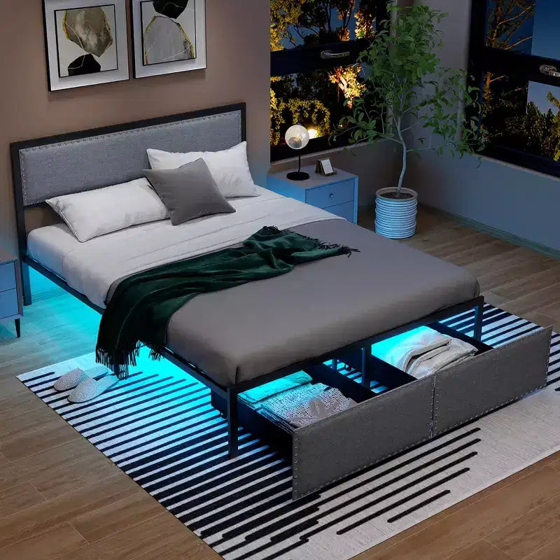 Letto matrimoniale Queen grigio con luci LED e 2 cassetti portaoggetti, per 2 persone