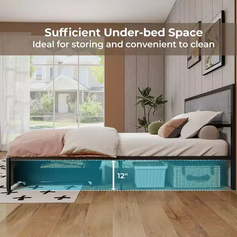 Letto matrimoniale Queen grigio con luci LED e 2 cassetti portaoggetti, per 2 persone