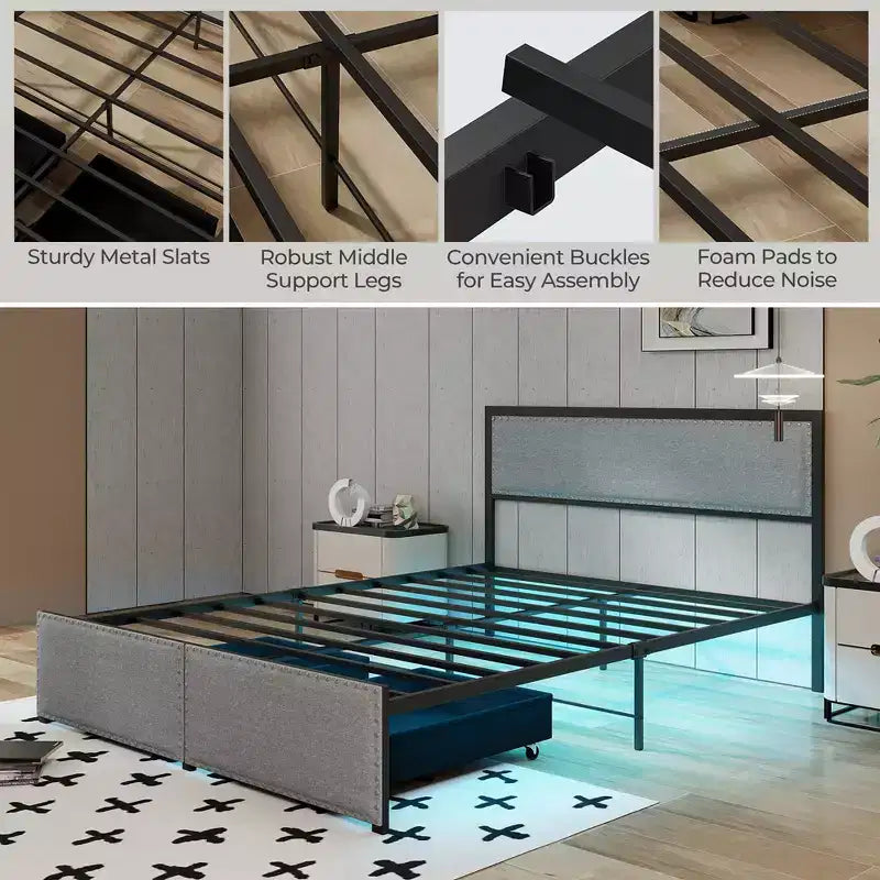 Letto matrimoniale Queen grigio con luci LED e 2 cassetti portaoggetti, per 2 persone
