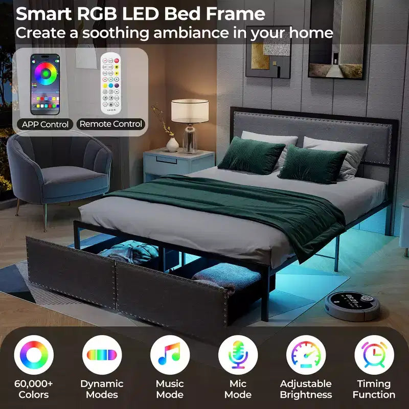 Letto matrimoniale Queen grigio con luci LED e 2 cassetti portaoggetti, per 2 persone