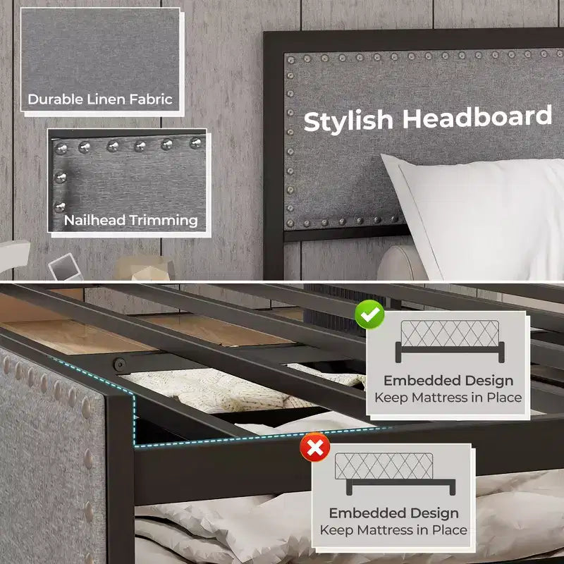 Letto matrimoniale Queen grigio con luci LED e 2 cassetti portaoggetti, per 2 persone