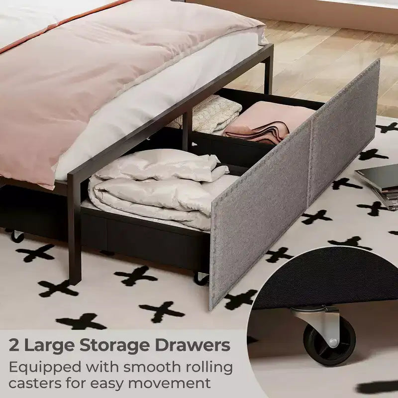 Letto matrimoniale Queen grigio con luci LED e 2 cassetti portaoggetti, per 2 persone