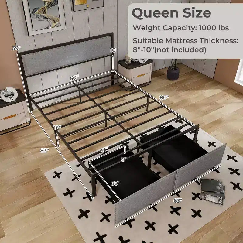 Letto matrimoniale Queen grigio con luci LED e 2 cassetti portaoggetti, per 2 persone