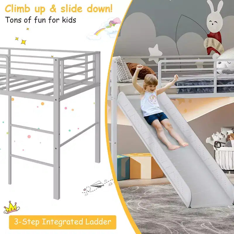 Letto a soppalco matrimoniale in metallo nero/argento/bianco con scivolo e scaletta, 1 bambino