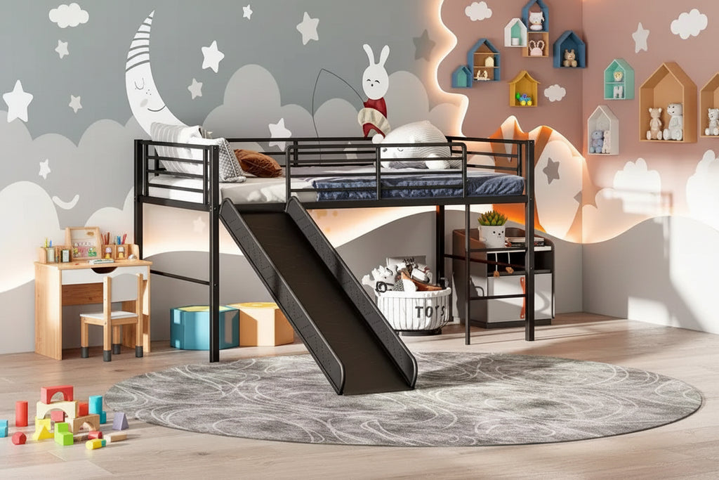 Letto a soppalco matrimoniale in metallo nero/argento/bianco con scivolo e scaletta, 1 bambino