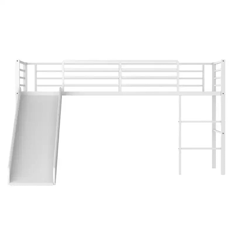 Letto a soppalco matrimoniale in metallo nero/argento/bianco con scivolo e scaletta, 1 bambino
