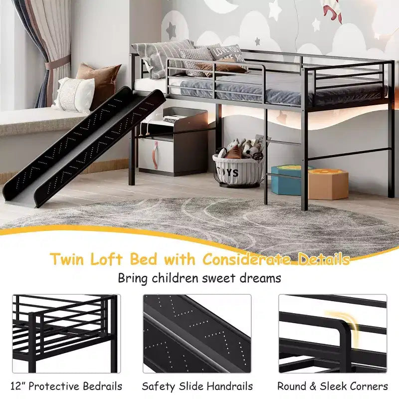Letto a soppalco matrimoniale in metallo nero/argento/bianco con scivolo e scaletta, 1 bambino