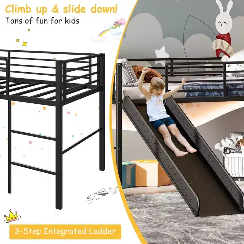 Letto a soppalco matrimoniale in metallo nero/argento/bianco con scivolo e scaletta, 1 bambino