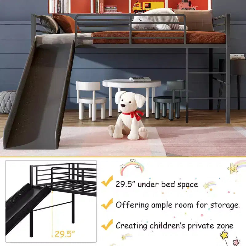 Letto a soppalco matrimoniale in metallo nero/argento/bianco con scivolo e scaletta, 1 bambino