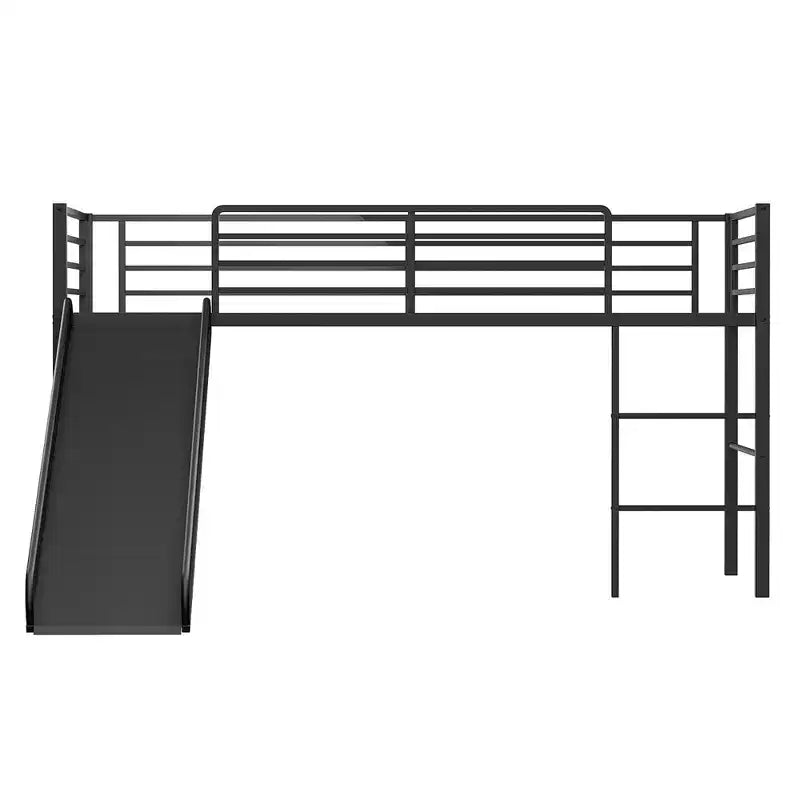 Letto a soppalco matrimoniale in metallo nero/argento/bianco con scivolo e scaletta, 1 bambino