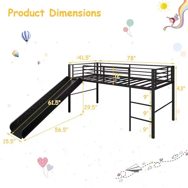 Letto a soppalco matrimoniale in metallo nero/argento/bianco con scivolo e scaletta, 1 bambino
