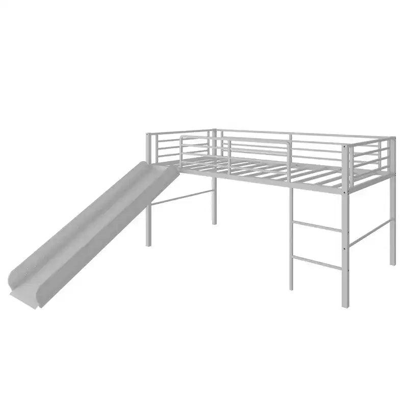 Letto a soppalco matrimoniale in metallo nero/argento/bianco con scivolo e scaletta, 1 bambino