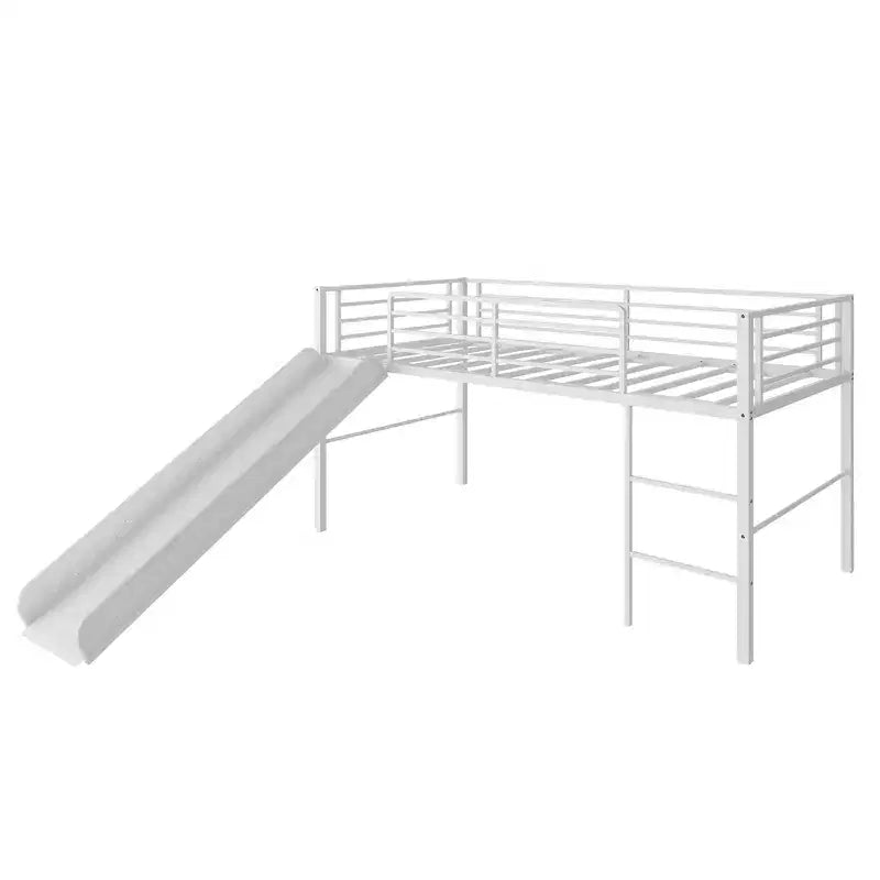 Letto a soppalco matrimoniale in metallo nero/argento/bianco con scivolo e scaletta, 1 bambino