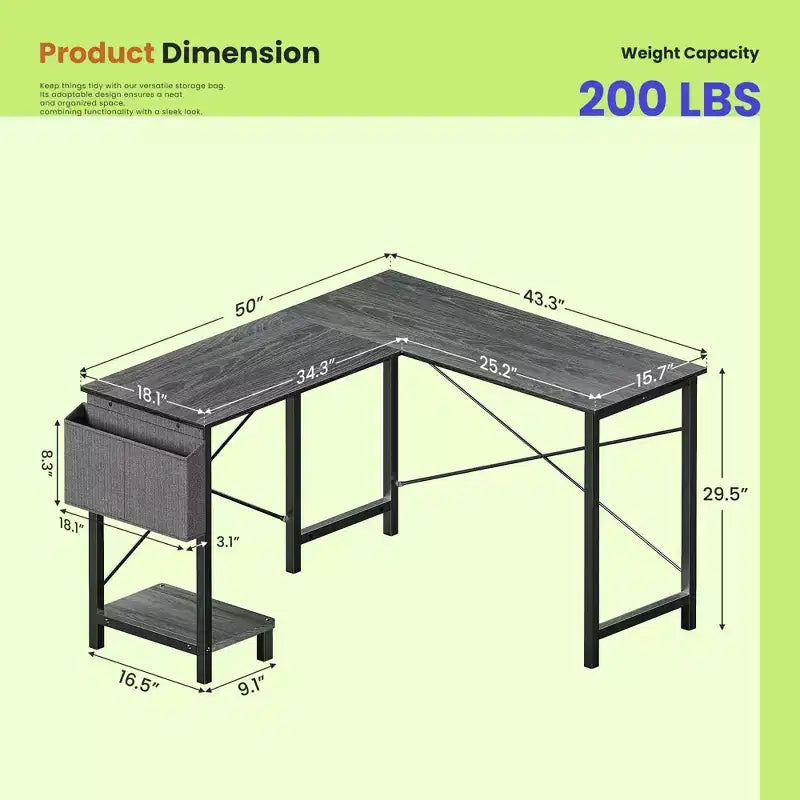 Scrivania angolare a L, 1 posto, 127 cm, Nera / Marrone / Grigia / Bianca
