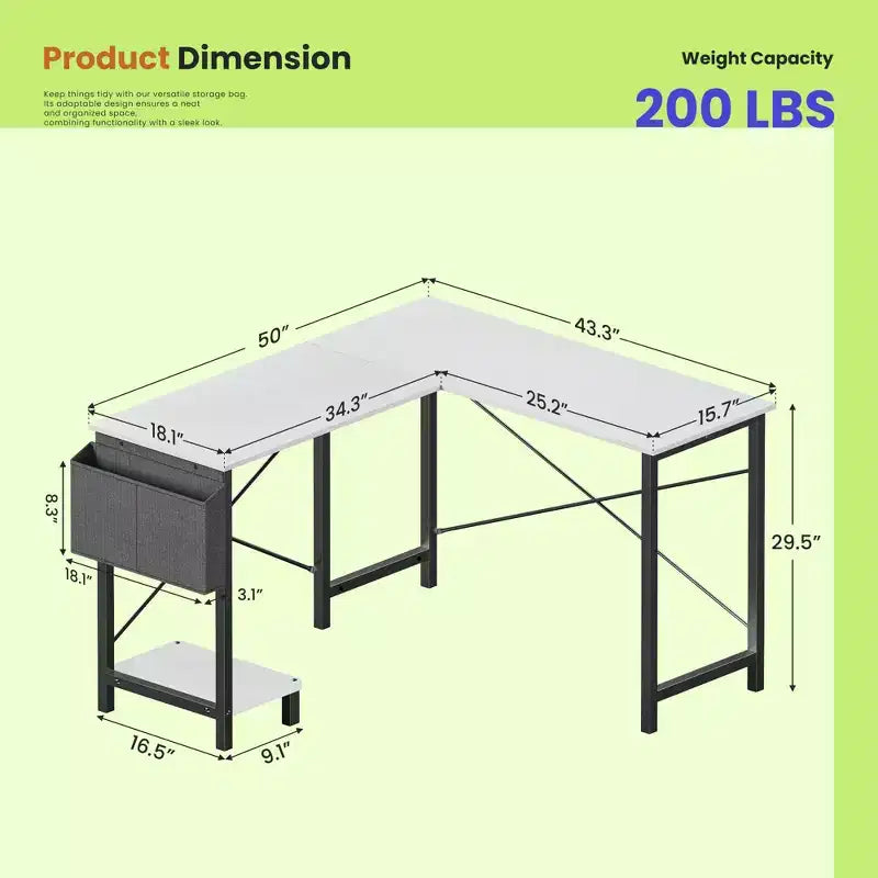 Scrivania angolare a L, 1 posto, 127 cm, Nera / Marrone / Grigia / Bianca