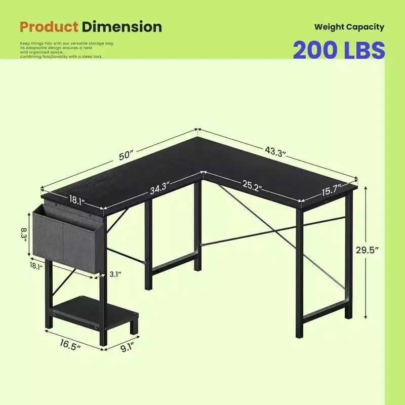 Scrivania angolare a L, 1 posto, 127 cm, Nera / Marrone / Grigia / Bianca