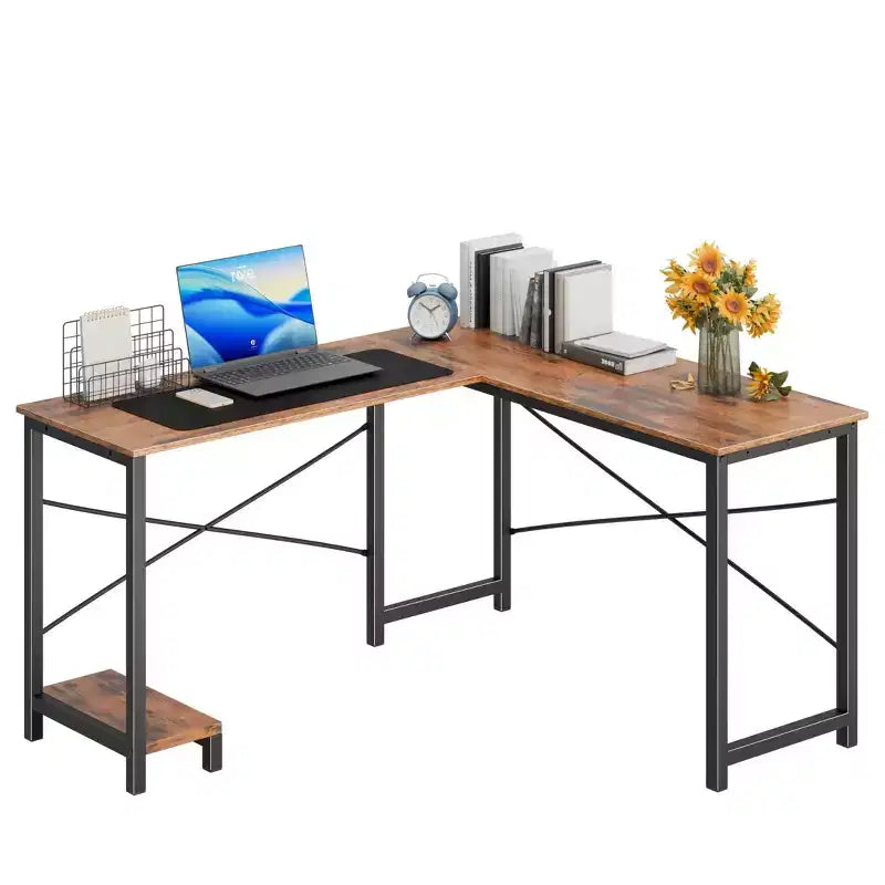 Scrivania angolare a L, 1 posto, 127 cm, Nera / Marrone / Grigia / Bianca
