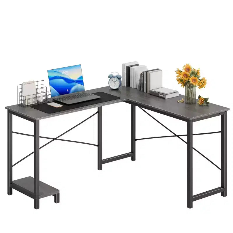 Scrivania angolare a L, 1 posto, 127 cm, Nera / Marrone / Grigia / Bianca
