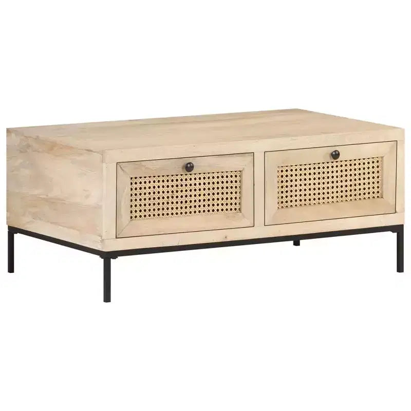 Tavolino rettangolare beige e nero, in legno di mango e rattan