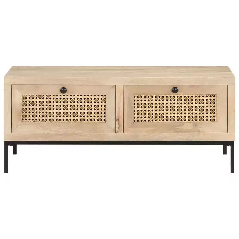 Tavolino rettangolare beige e nero, in legno di mango e rattan