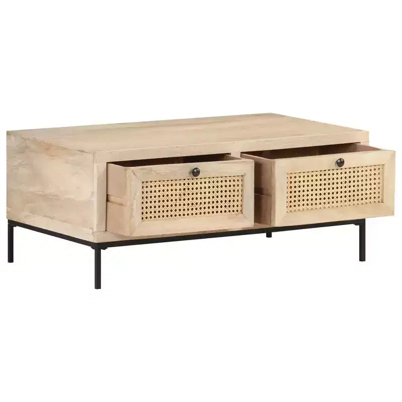Tavolino rettangolare beige e nero, in legno di mango e rattan