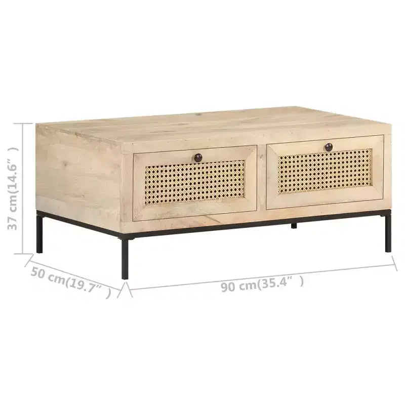 Tavolino rettangolare beige e nero, in legno di mango e rattan