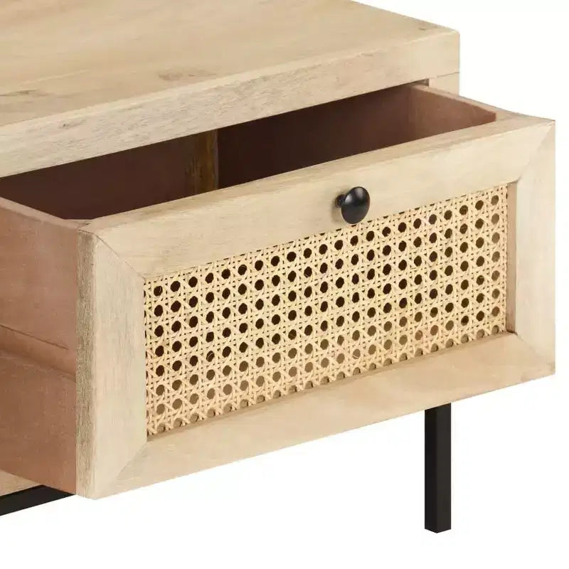 Tavolino rettangolare beige e nero, in legno di mango e rattan