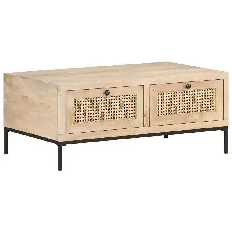 Tavolino rettangolare beige e nero, in legno di mango e rattan