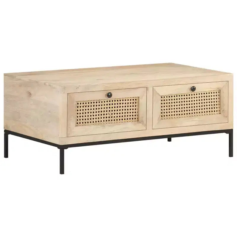 Tavolino rettangolare beige e nero, in legno di mango e rattan
