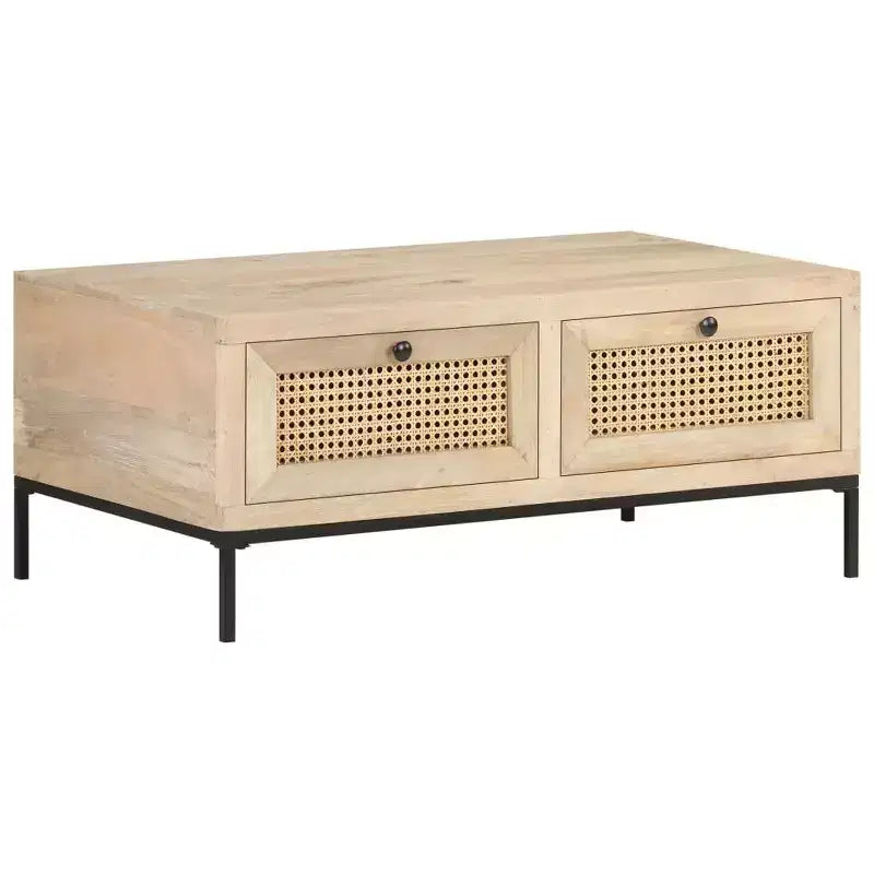 Tavolino rettangolare beige e nero, in legno di mango e rattan