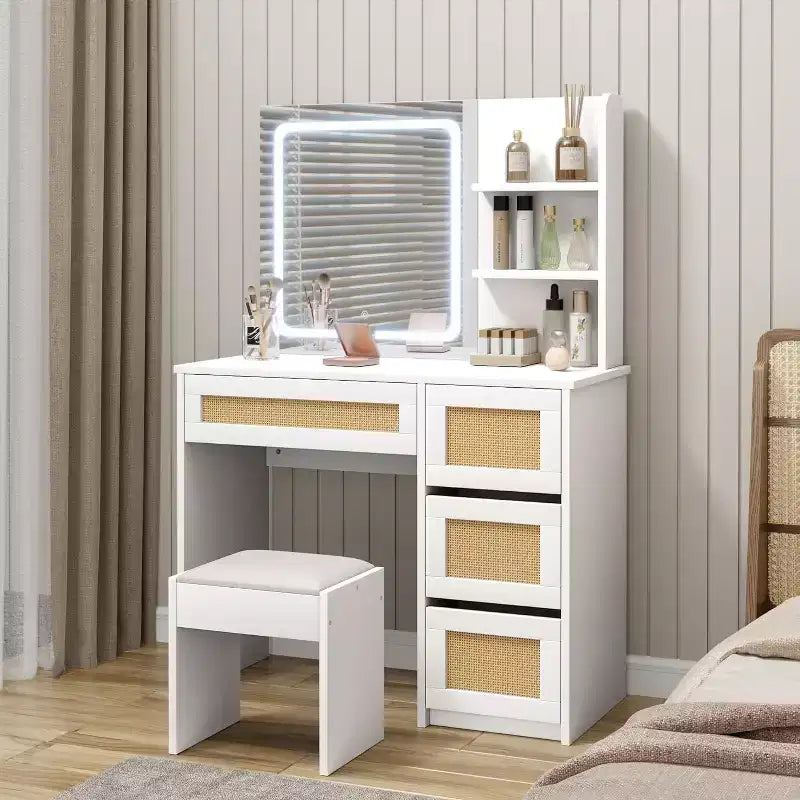 Toeletta con Specchio, 4 Cassetti e 2 Ripiani, Colore Bianco e Oro in Rattan, Uso Singolo