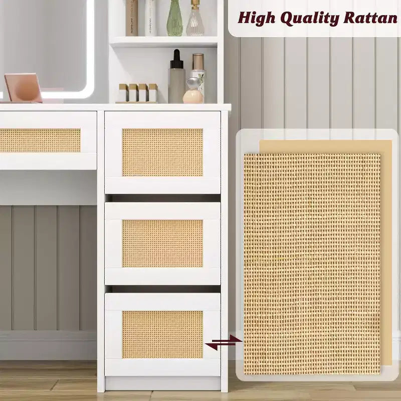 Toeletta con Specchio, 4 Cassetti e 2 Ripiani, Colore Bianco e Oro in Rattan, Uso Singolo
