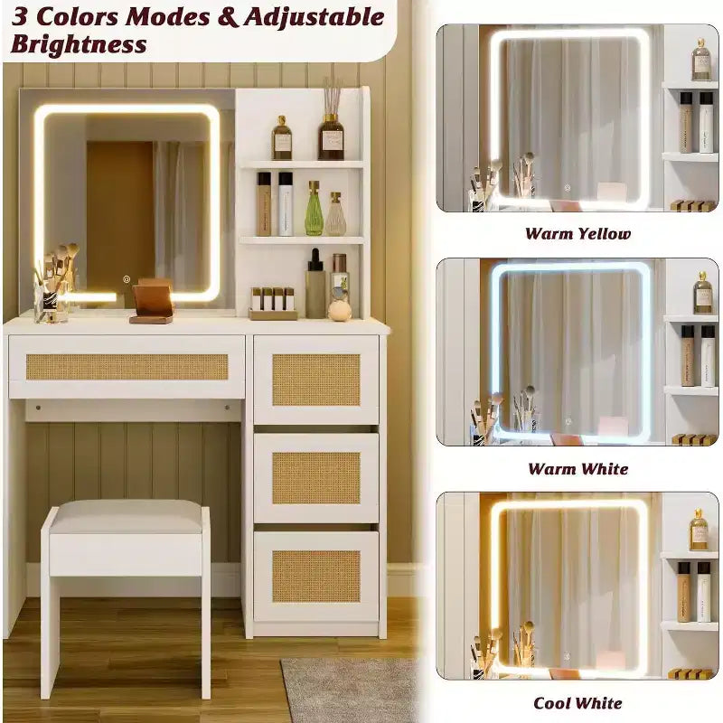 Toeletta con Specchio, 4 Cassetti e 2 Ripiani, Colore Bianco e Oro in Rattan, Uso Singolo